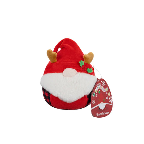 Holiday gnome Squishmallow plush toy with red hat, antlers, plaid body, and festive holly.