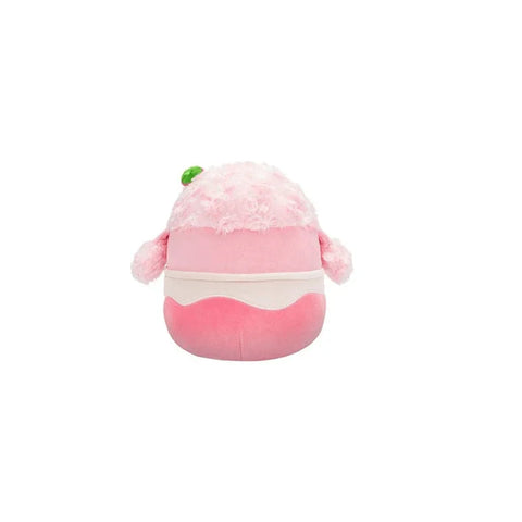 Plush pink strawberry poodle toy with green leaf, soft and fluffy, back view