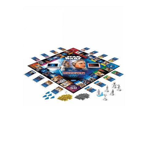 Star Wars Monopoly board game with themed tokens, cards, and colorful board
