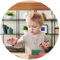 Child playing with colorful blocks indoors