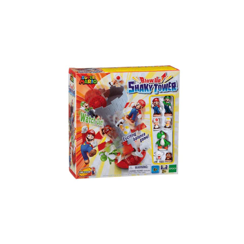 Super Mario Blow Up Shaky Tower board game box with character figurines