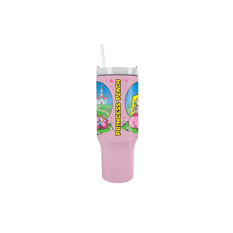 Pink 40oz tumbler with Princess Peach and castle graphic, Super Mario collectible drinkware