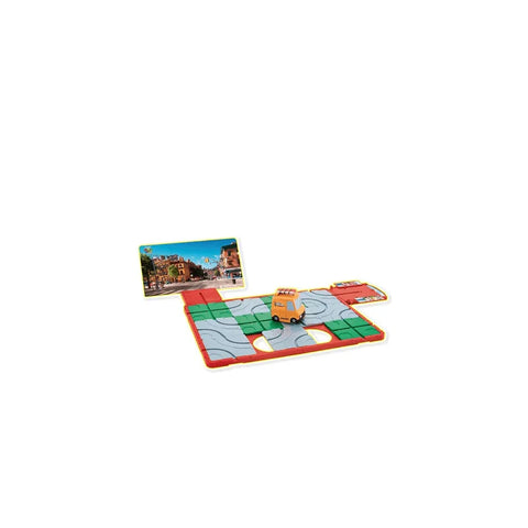 Mario-themed puzzle game with a toy taxi, road tiles, and a scenic backdrop card.