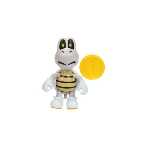 Super Mario Dry Bones toy figure with yellow coin on white background.