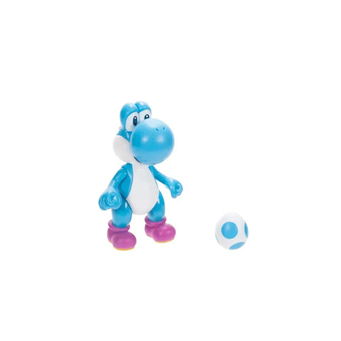 Light blue Yoshi toy figure with pink shoes and a blue-spotted egg on white background