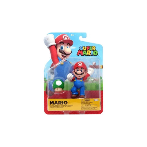 Super Mario action figure toy with green 1-Up mushroom in retail packaging