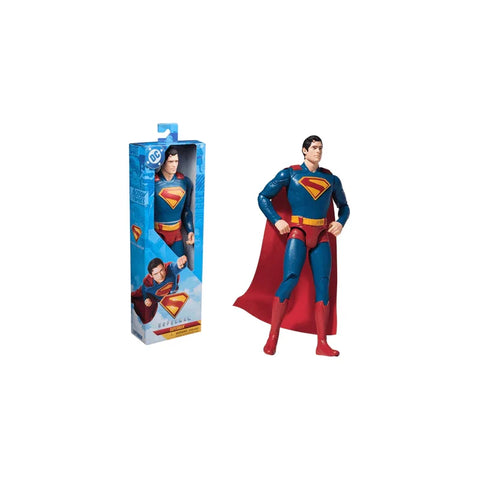 Superman action figure toy with red cape and box packaging, collectible superhero toy
