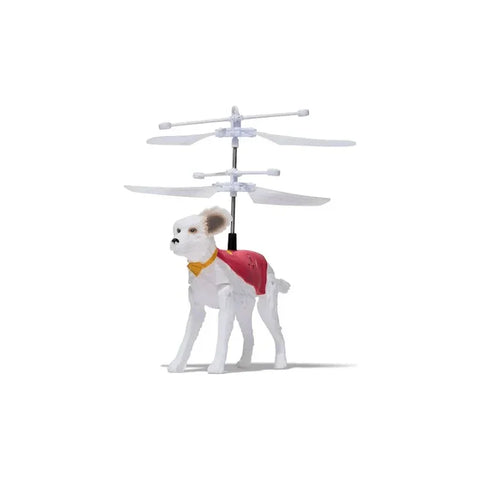 Flying toy dog figure with helicopter rotors and red cape, isolated on white background
