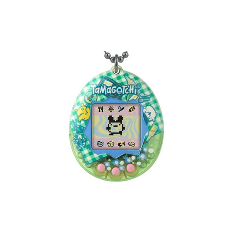 Green Tamagotchi virtual pet toy with pixel character on screen and pink buttons