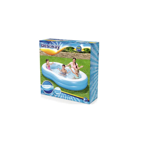 Box of inflatable family pool with kids and adult in water on green grass
