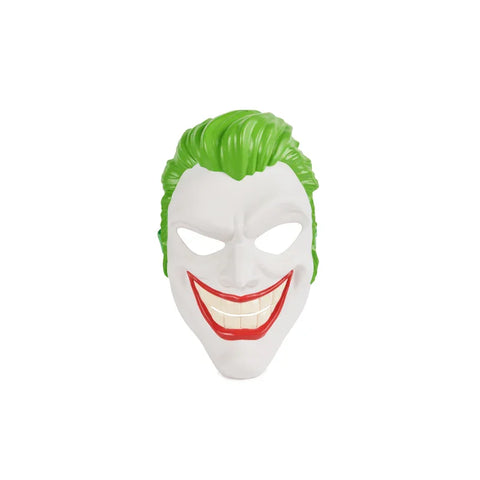 Green-haired villain character mask with wide smile, white face, red lips, costume accessory
