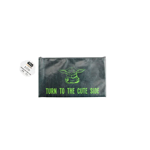 Grogu pencil case with 'Turn to the Cute Side' text and green Star Wars character design