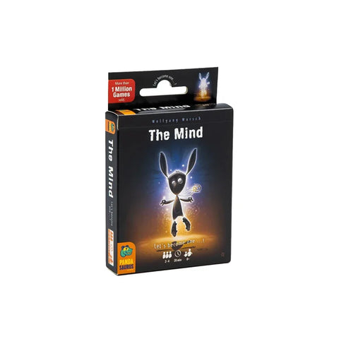 The Mind card game box featuring a glowing cartoon character on a black background