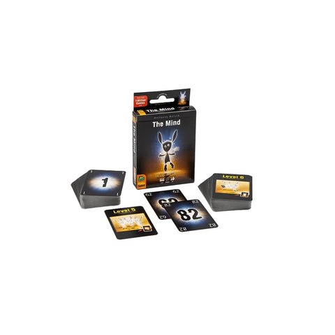 The Mind card game box with playing cards and level cards arranged on a white background