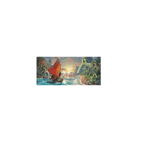 Moana gaming mat featuring vibrant island scene with canoe, ocean, and tropical landscape