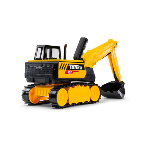 Yellow and black toy excavator with tracks and movable arm on white background