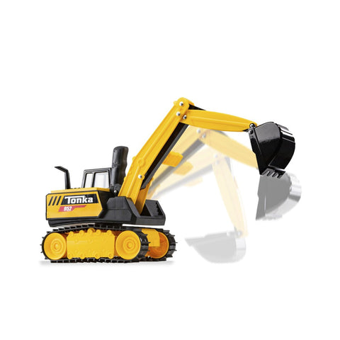 Yellow toy excavator with moving arm and bucket on white background