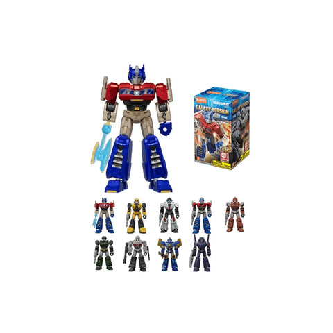Transformers action figures set with main robot, eight smaller figures, and packaging box.