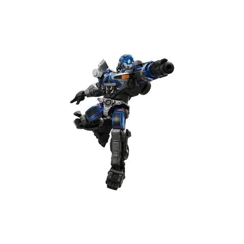 Blue and black Transformers model kit figure posed dynamically on white background