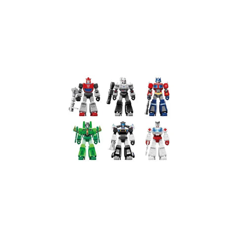 Set of six colorful robot action figures, each with unique armor and accessories, on white background.