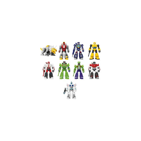 Set of colorful Transformers action figures and robot toys on a white background.