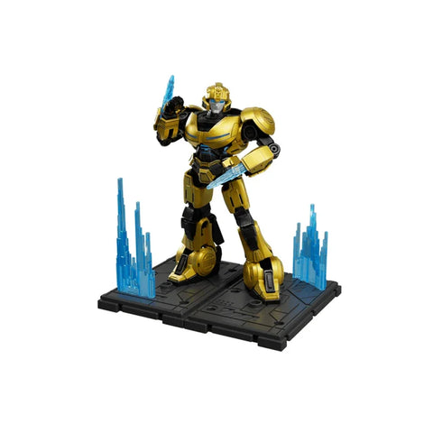 Yellow and black robot action figure model kit with blue energy effects on a display base