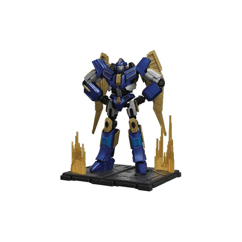 Blue and gold robot action figure model kit on display base with golden details