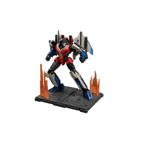 Transformers model kit action figure in red, blue, and grey on display base with flame effects