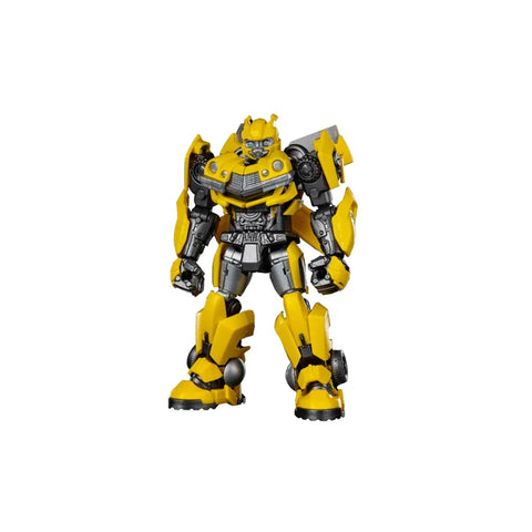 Yellow and silver robot action figure model kit standing on white background