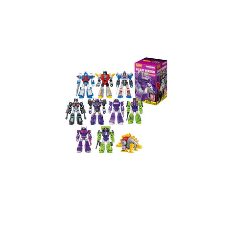 Assorted Transformers action figures and Galaxy Version toy box set.