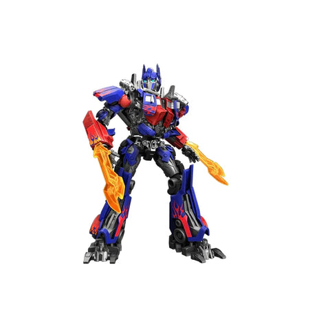 Optimus Prime action figure model kit with blue, red, and orange detailing on white background