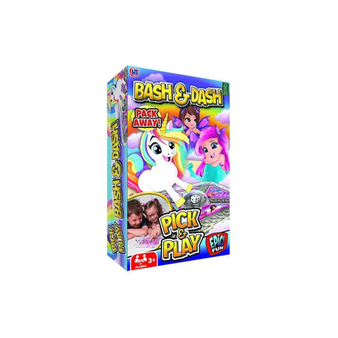 Bash & Dash Pick and Play board game box with cartoon unicorn and children, ages 3 plus.