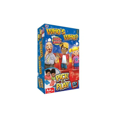 Who's Who Pick & Play travel game box with cartoon characters and kids playing, ages 3 plus