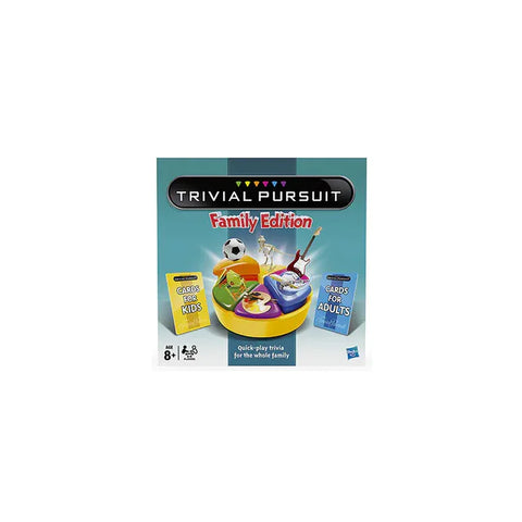 Trivial Pursuit Family Edition board game box with cards for kids and adults, age 8 plus