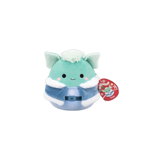 Round mint green plush toy with big ears, winter jacket, and a holiday tag, collectible toy