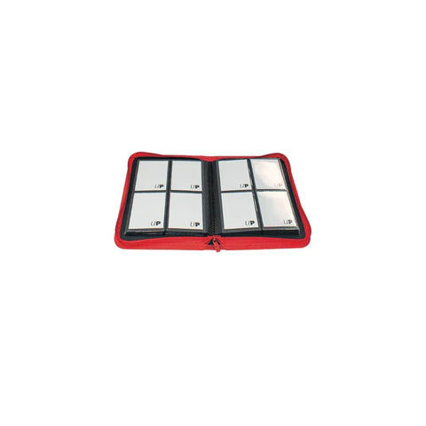 Red 4-pocket trading card binder open to show card sleeves for collectible cards