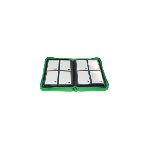 Green zippered trading card binder open with four-pocket pages for card storage