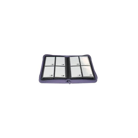 Purple zippered card binder open to display 4-pocket trading card storage pages