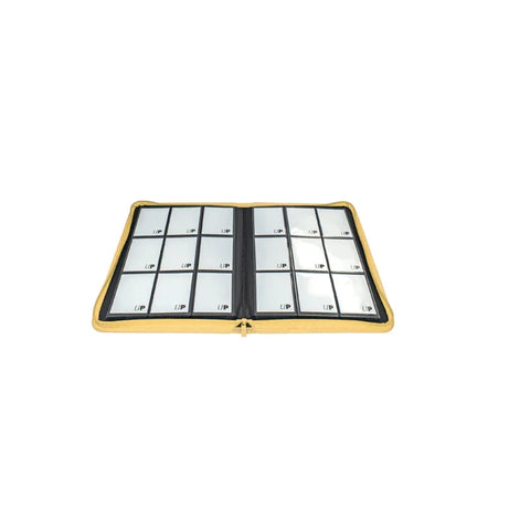 Yellow zippered 9-pocket trading card binder open with empty clear card sleeves