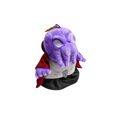 Purple mind flayer plush gamer pouch with tentacle face, red cloak, and gold clip