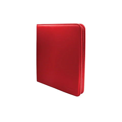 Red 12-pocket zippered trading card binder with smooth cover, standing upright
