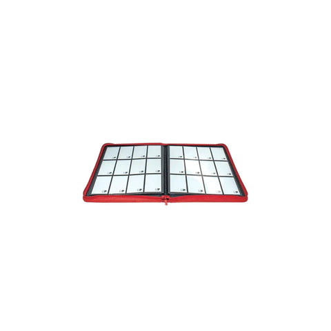 Red 12-pocket zippered binder open, displaying card holder pages for trading cards.