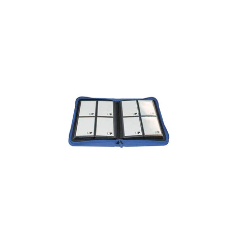 Blue 4-pocket zippered binder for trading card storage, open to show card sleeves