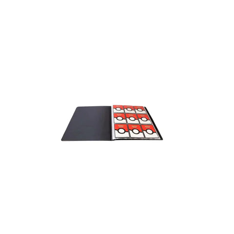 Open 9-pocket Pokémon card portfolio organizer with visible trading cards