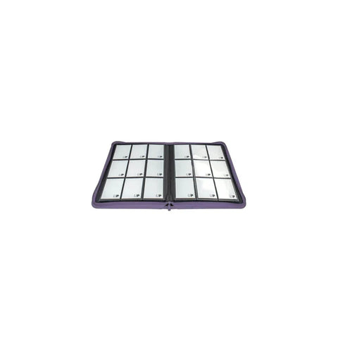 Purple zippered trading card binder open to empty 9-pocket card sleeve pages