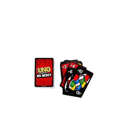 UNO Show 'Em No Mercy card game with colorful action cards displayed on white background