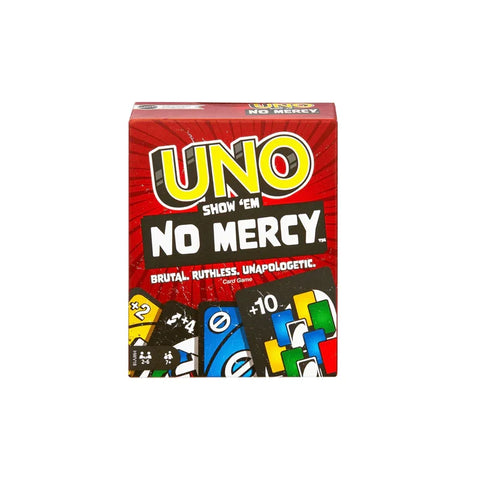 UNO Show 'Em No Mercy card game box with bold red design and colorful playing cards