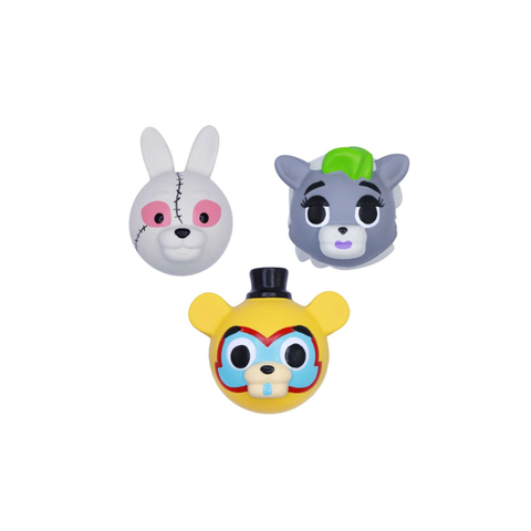 Three colorful animal character toy heads, including a rabbit, wolf, and bear, on white background
