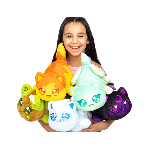 Smiling child holding colorful plush cat toys, perfect for kids games and toy collections.