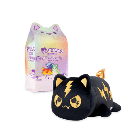 Aphmau Mystery MeeMeows plush toy, black cat with gold lightning, and packaging